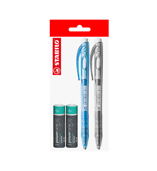 Pack: 2x Boligráfo Liner Retráctil FW  STABILO + 2x Pilas AA POWER ONE, Pack x 4 Unds.